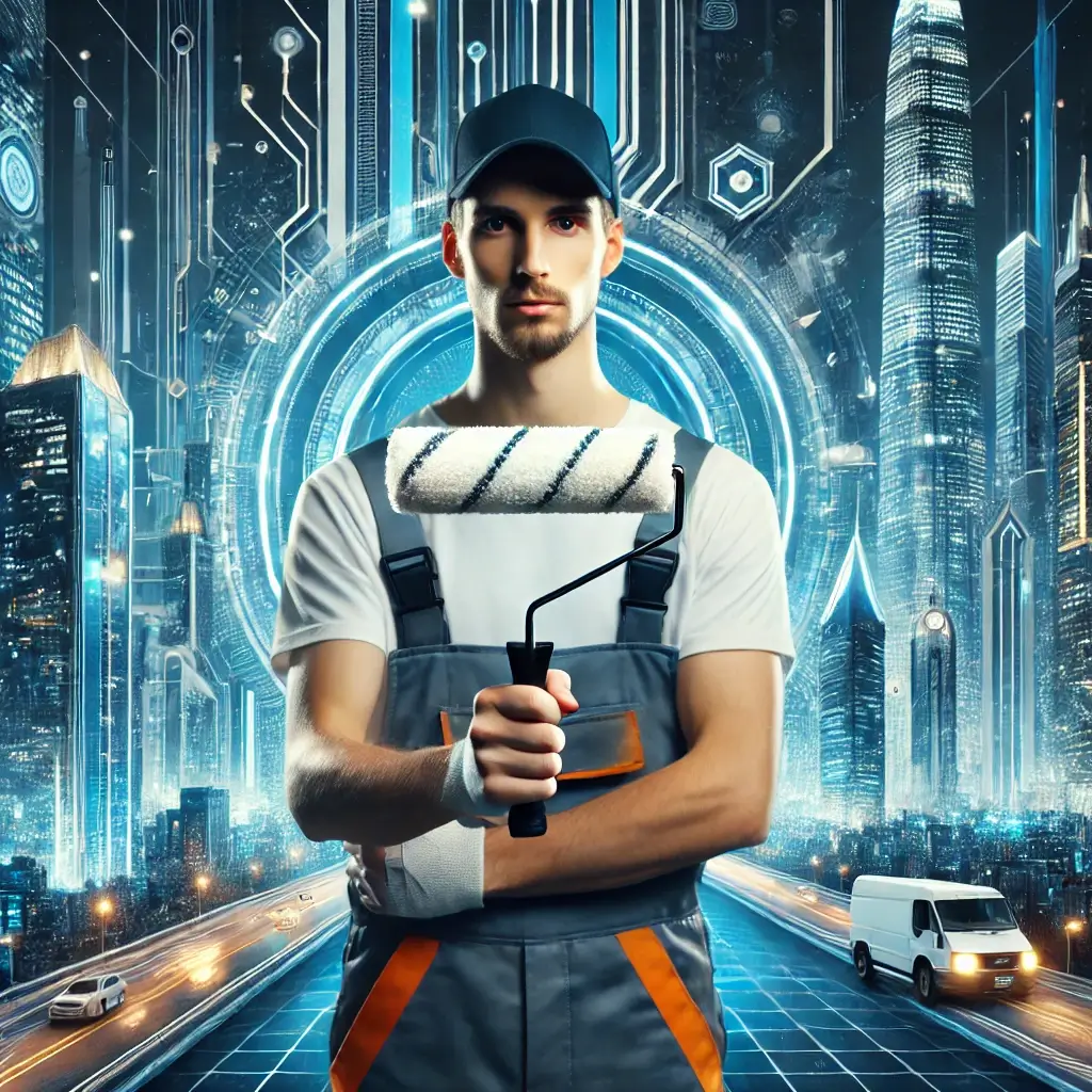 A professional house painter holding a single paint roller, standing confidently with a futuristic cityscape in the background. The painter is dressed